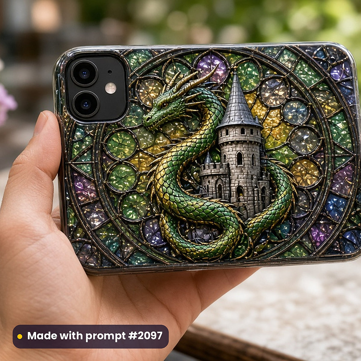 Stained Glass Complete Prompt Library: UV-printed phone case mockup, made with prompt #2097