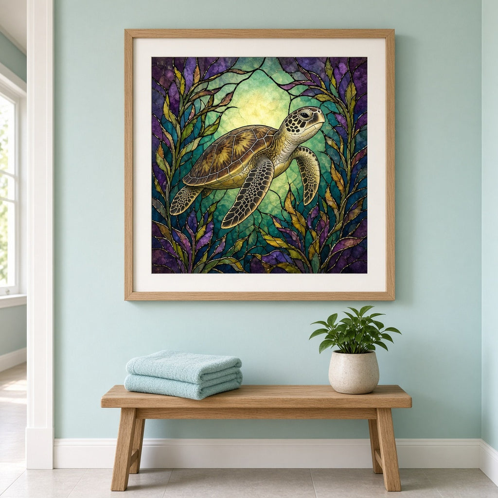Sea turtles printed flat on a framed print, made with prompt #11: a green sea turtle swimming through violet, teal and olive seaweed fronds against a glowing green glass halo