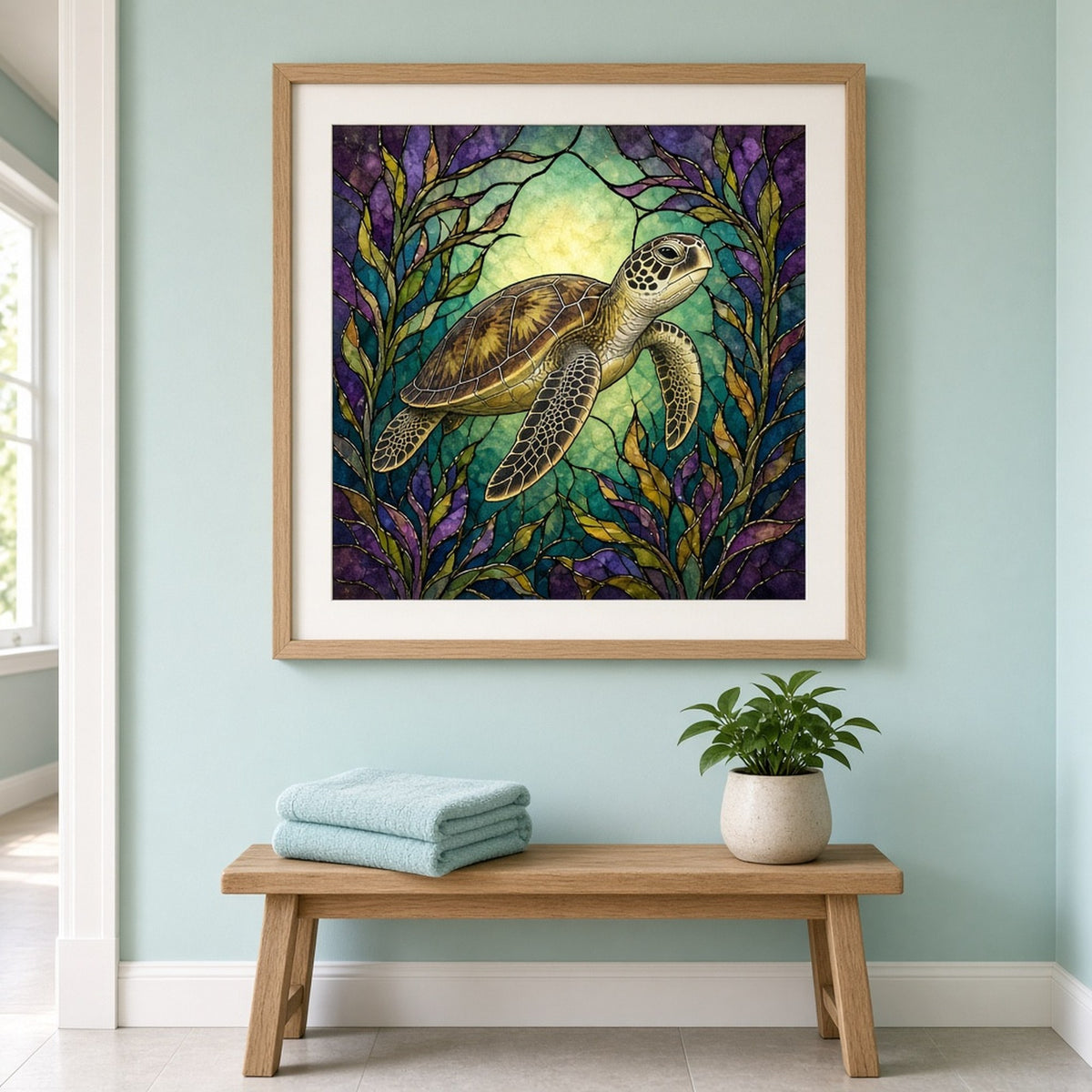 Sea turtles printed flat on a framed print, made with prompt #11: a green sea turtle swimming through violet, teal and olive seaweed fronds against a glowing green glass halo