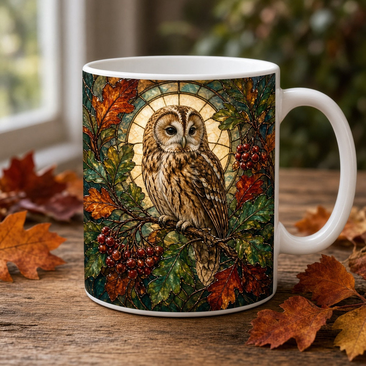 Owls printed flat on a mug, made with prompt #10: a tawny owl perched on an oak branch among russet and green leaves and red berries before a pale amber glass halo