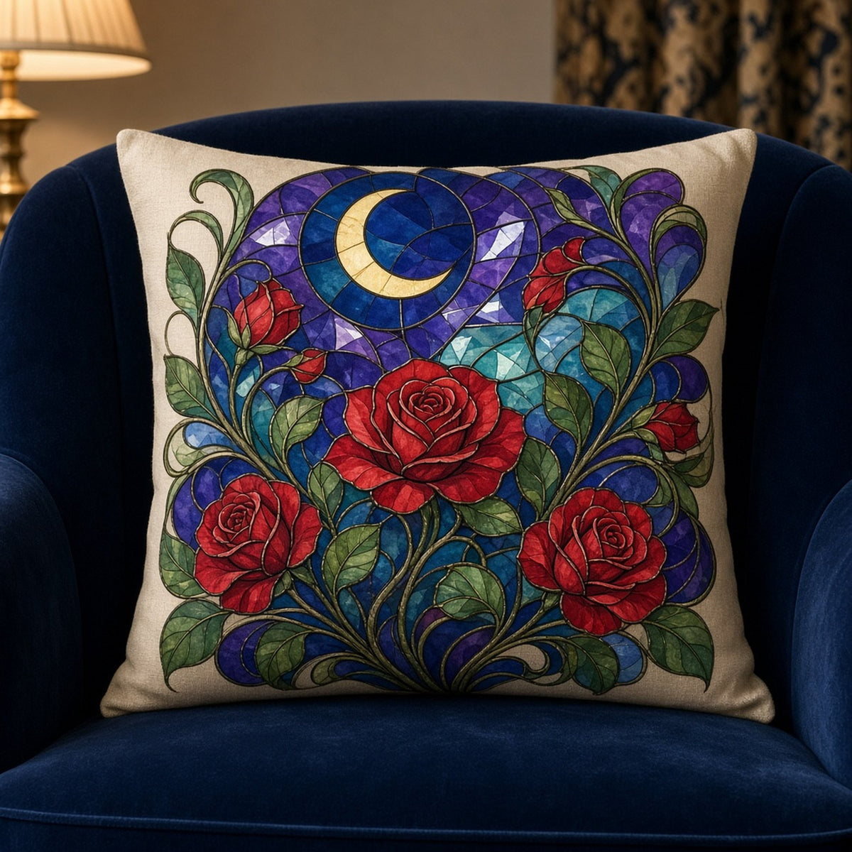 Roses printed flat on a cushion, made with prompt #19: red roses and buds on curving green stems under a yellow crescent moon in an indigo, violet and teal glass night sky