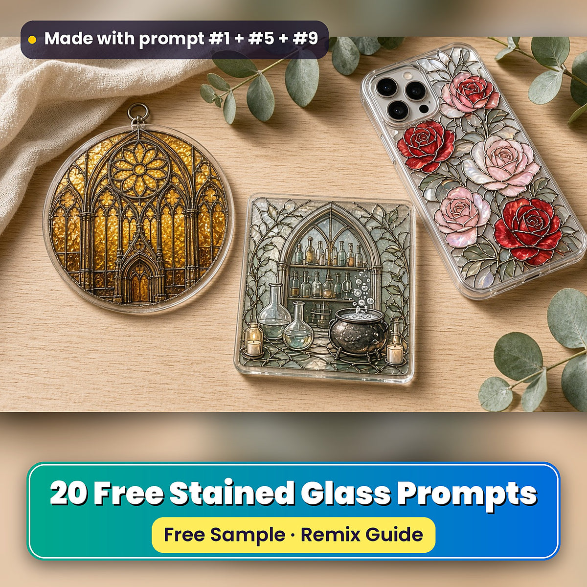 Free Stained Glass Sample Pack: UV-printed suncatcher, coaster and phone case set mockup, made with prompt #1 + #5 + #9