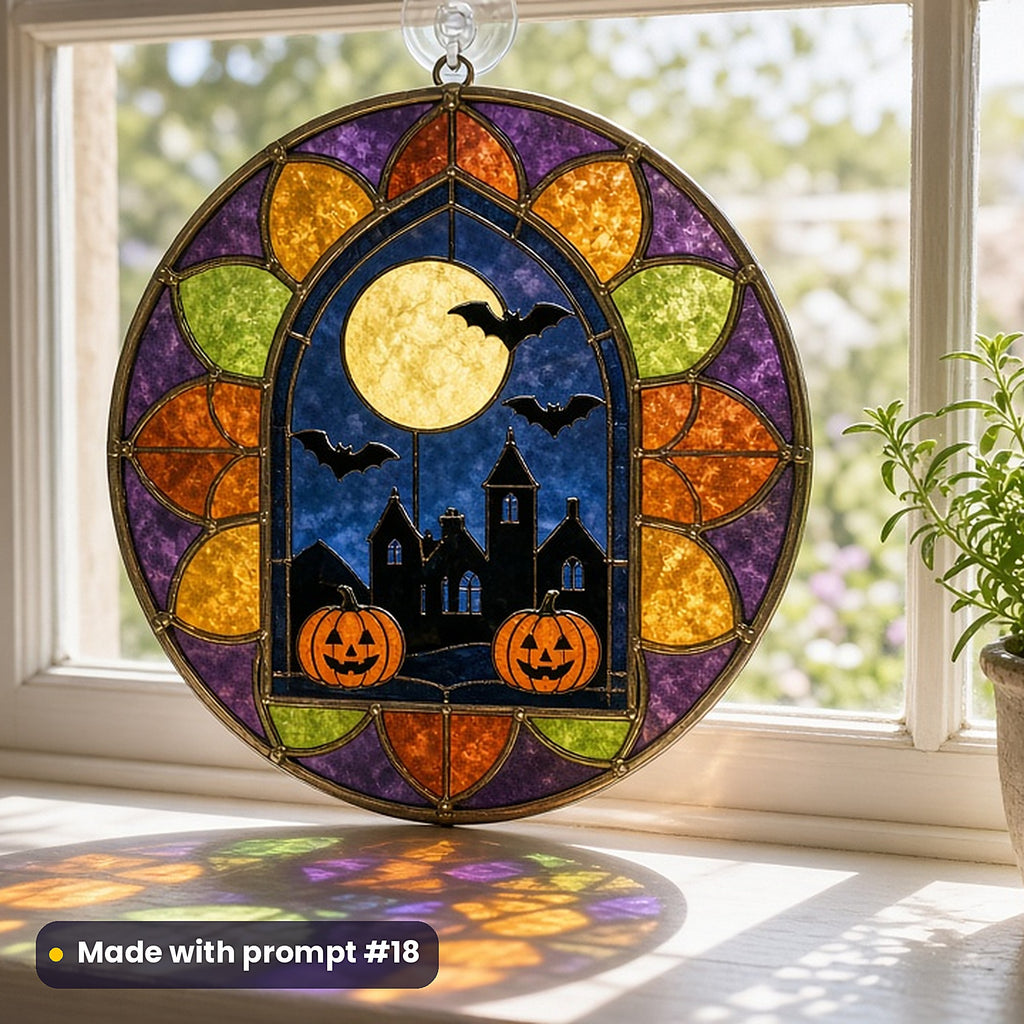Free Stained Glass Sample Pack: UV-printed acrylic suncatcher in a window mockup, made with prompt #18