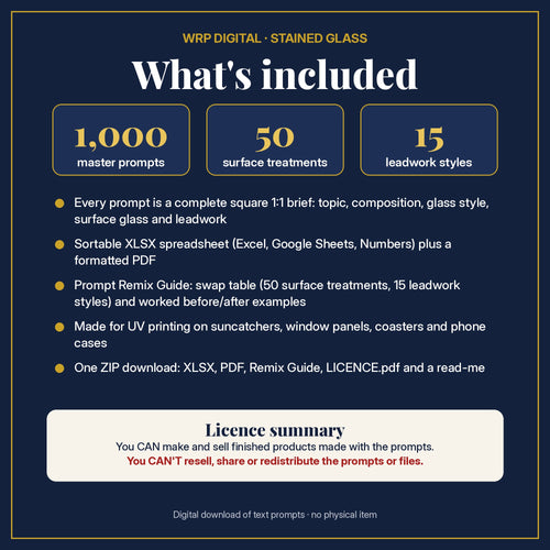 What's included in the Alchemy and Curiosities Stained Glass Collection: 1,000 master prompts, 50 surface treatments, 15 leadwork styles, XLSX and PDF, Prompt Remix Guide and licence summary