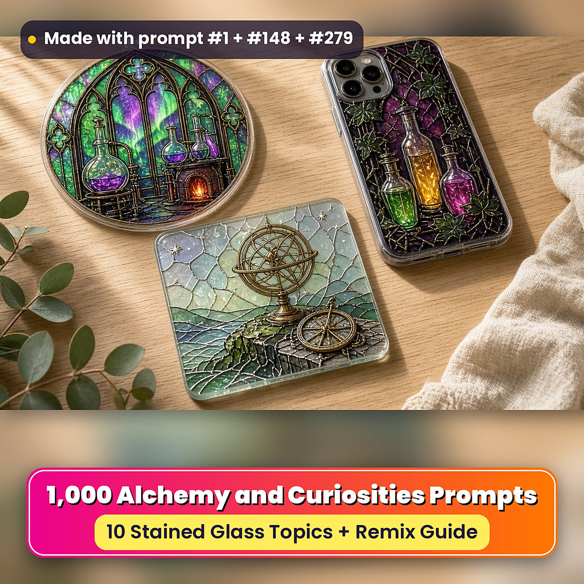 Alchemy and Curiosities stained glass prompt collection: UV-printed suncatcher, coaster and phone case set mockup, made with prompt #1 + #148 + #279