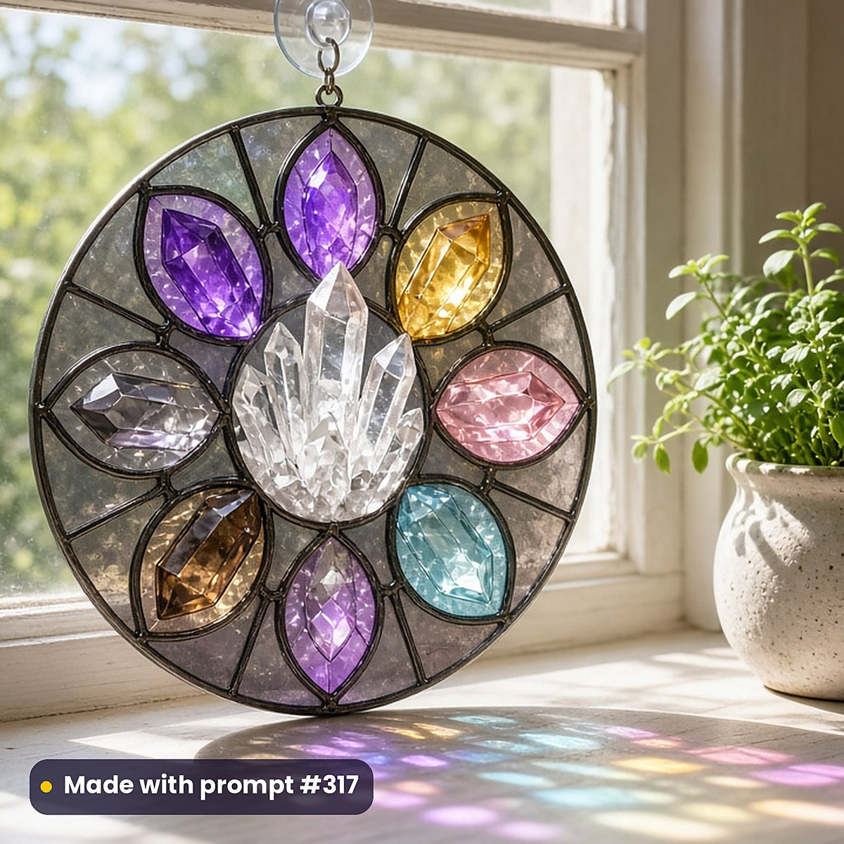 Alchemy and Curiosities stained glass prompt collection: UV-printed acrylic suncatcher in a window mockup, made with prompt #317