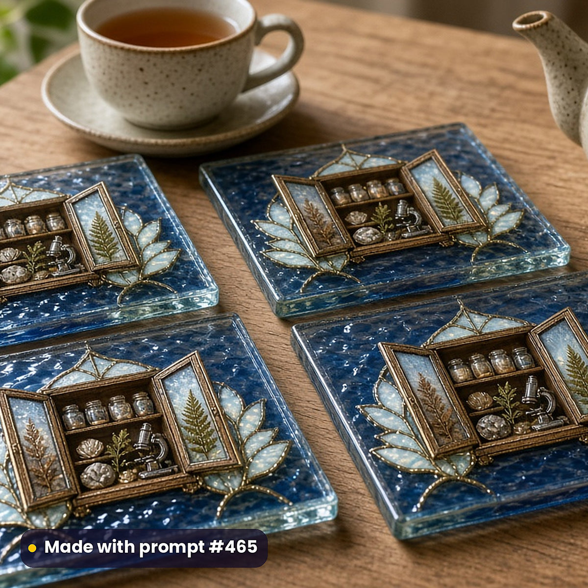 Alchemy and Curiosities stained glass prompt collection: set of UV-printed glass coasters mockup, made with prompt #465
