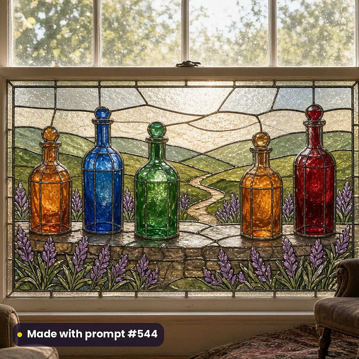 Alchemy and Curiosities stained glass prompt collection: faux stained glass window panel mockup, made with prompt #544
