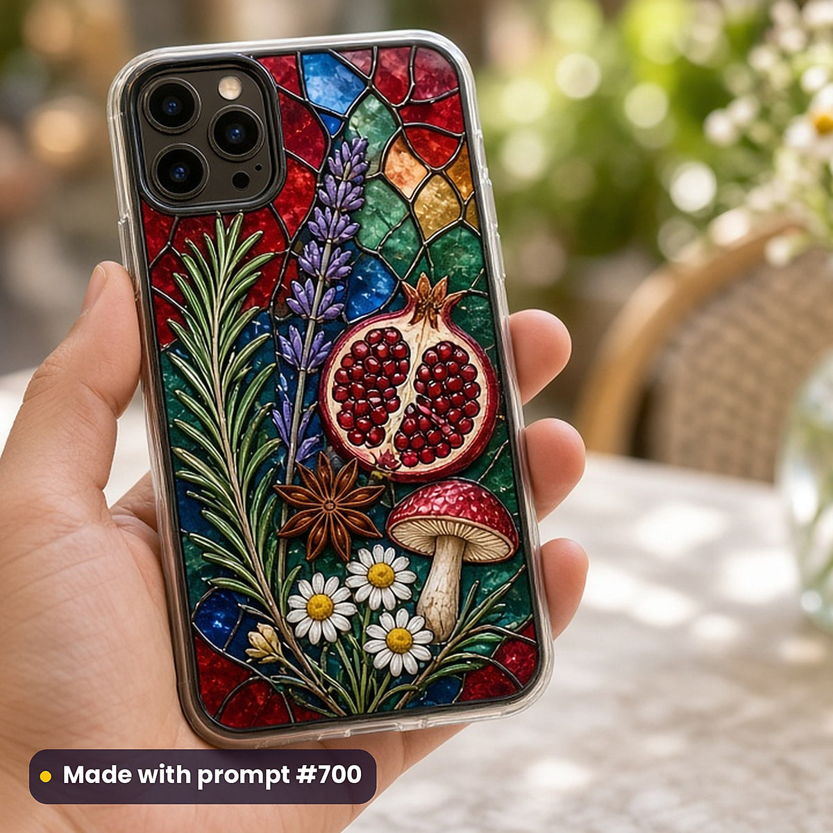 Alchemy and Curiosities stained glass prompt collection: UV-printed phone case mockup, made with prompt #700
