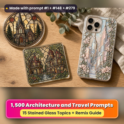 Architecture and Travel stained glass prompt collection: UV-printed suncatcher, coaster and phone case set mockup, made with prompt #1 + #148 + #279