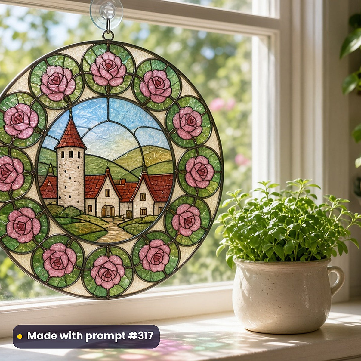 Architecture and Travel stained glass prompt collection: UV-printed acrylic suncatcher in a window mockup, made with prompt #317