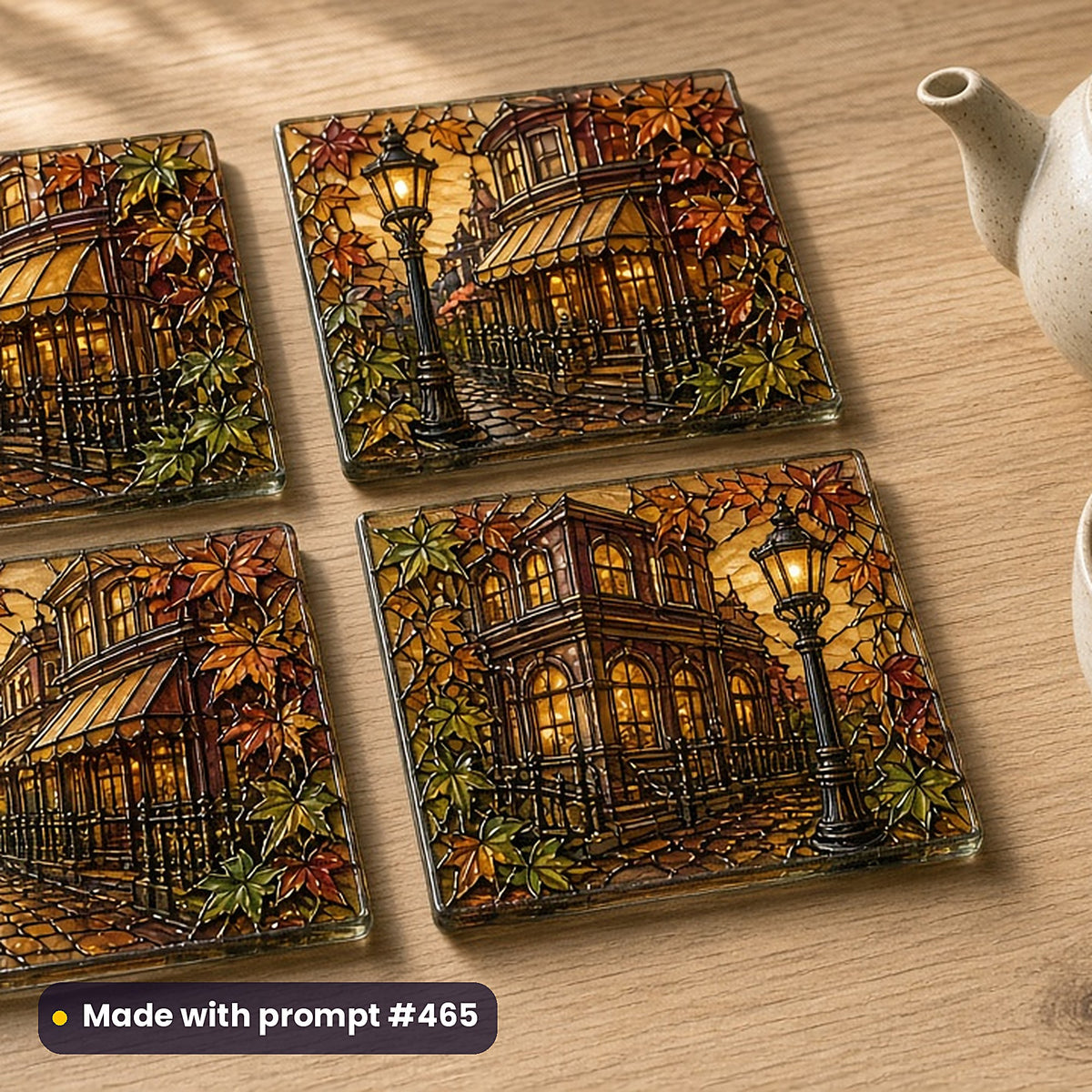 Architecture and Travel stained glass prompt collection: set of UV-printed glass coasters mockup, made with prompt #465