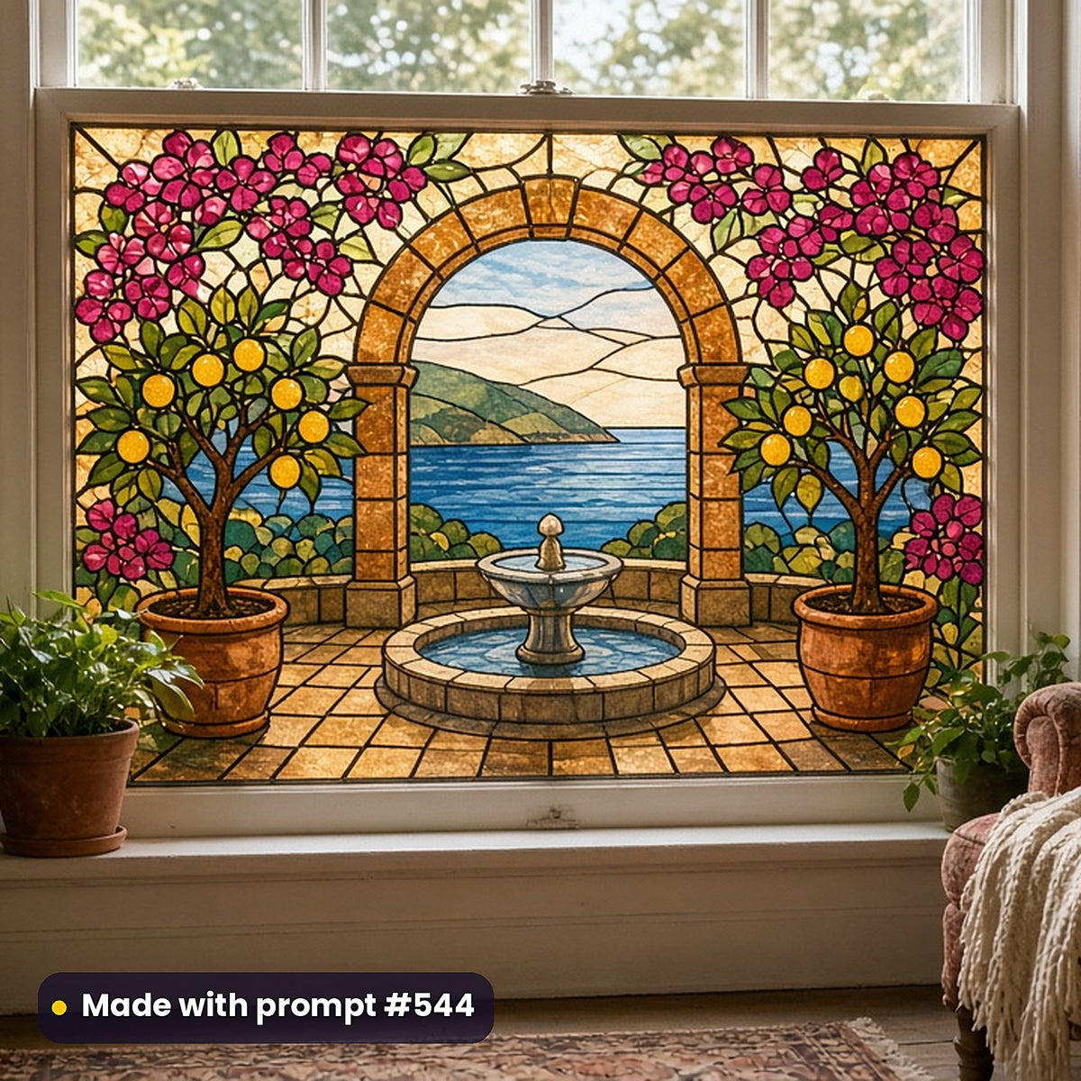 Architecture and Travel stained glass prompt collection: faux stained glass window panel mockup, made with prompt #544