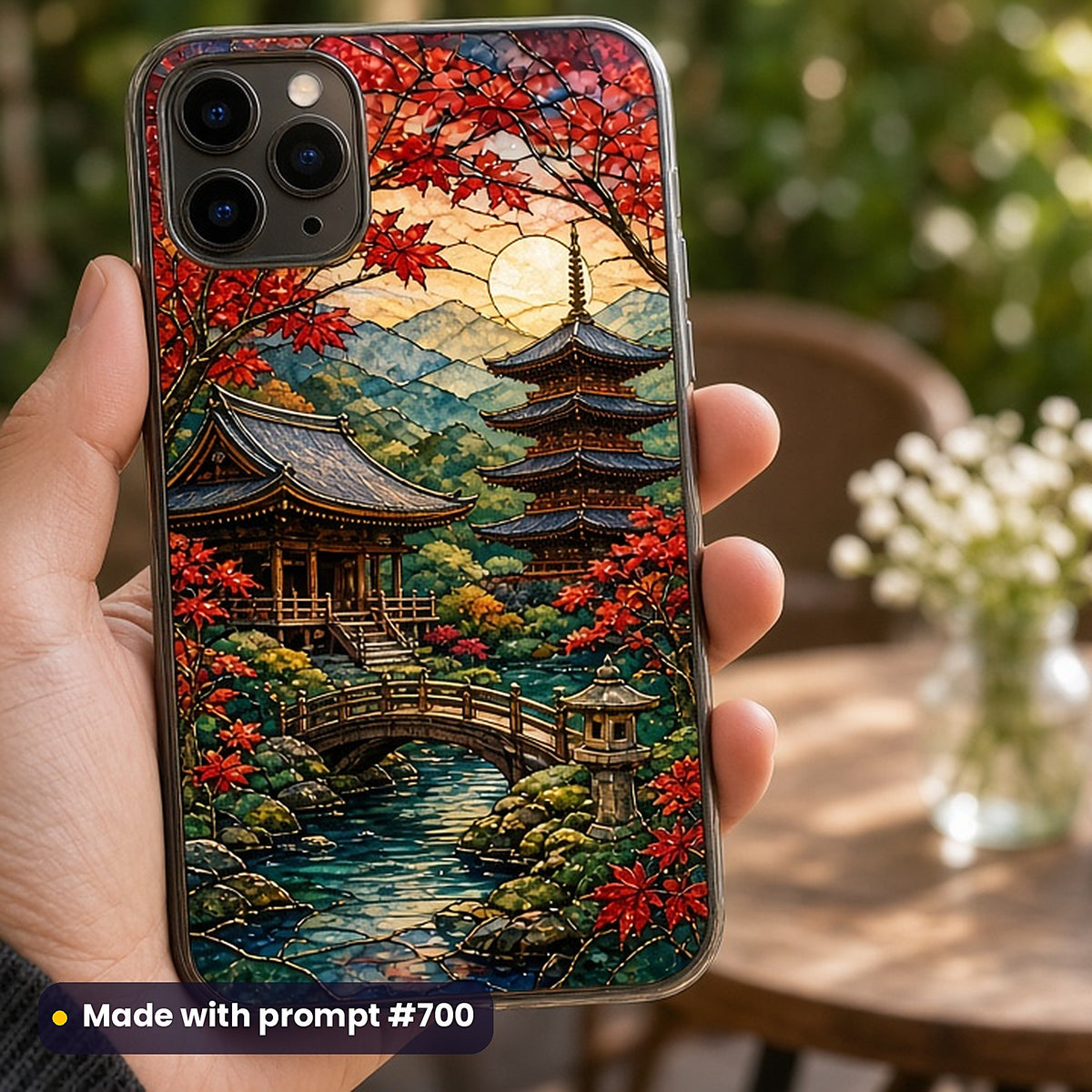 Architecture and Travel stained glass prompt collection: UV-printed phone case mockup, made with prompt #700