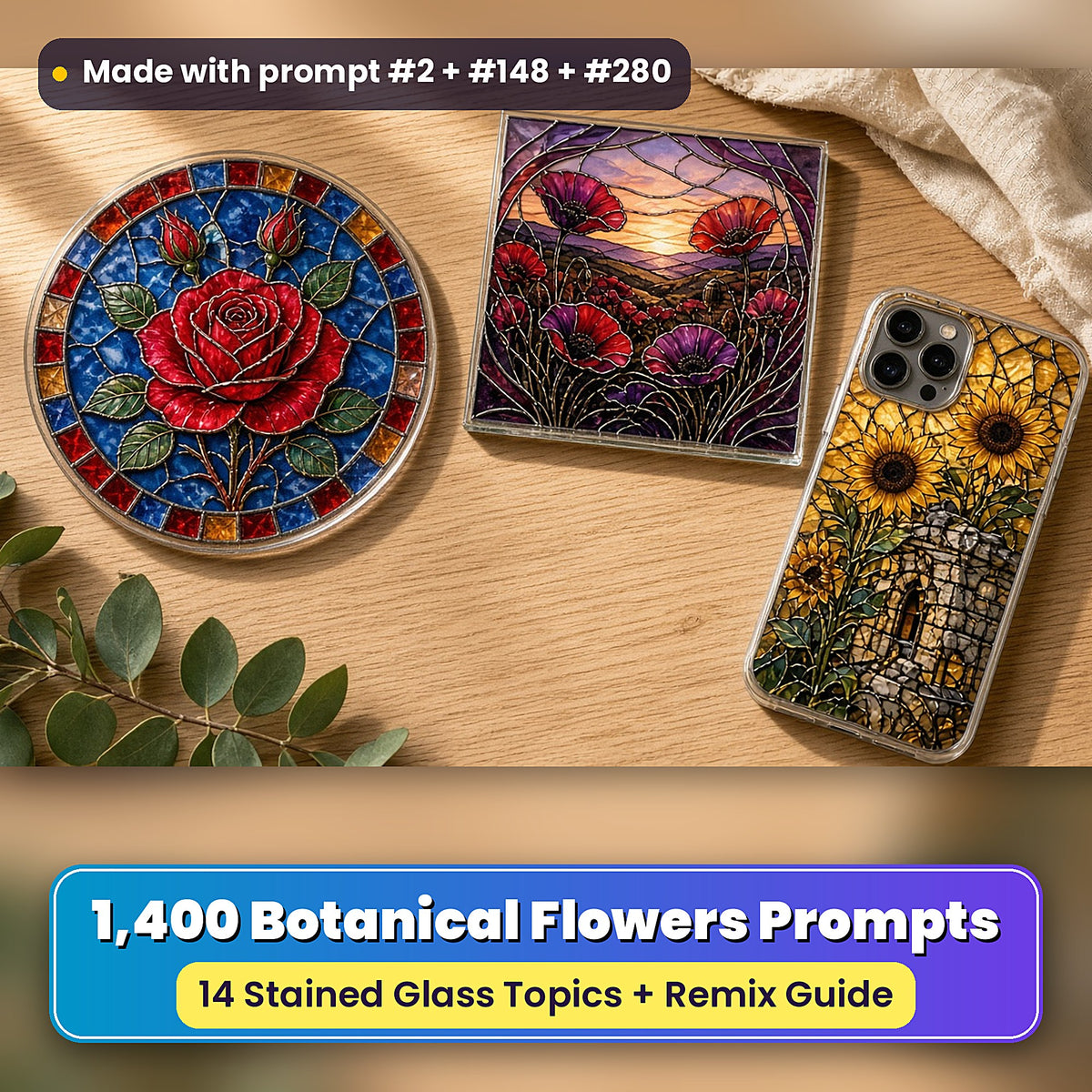 Botanical Flowers stained glass prompt collection: UV-printed suncatcher, coaster and phone case set mockup, made with prompt #2 + #148 + #280