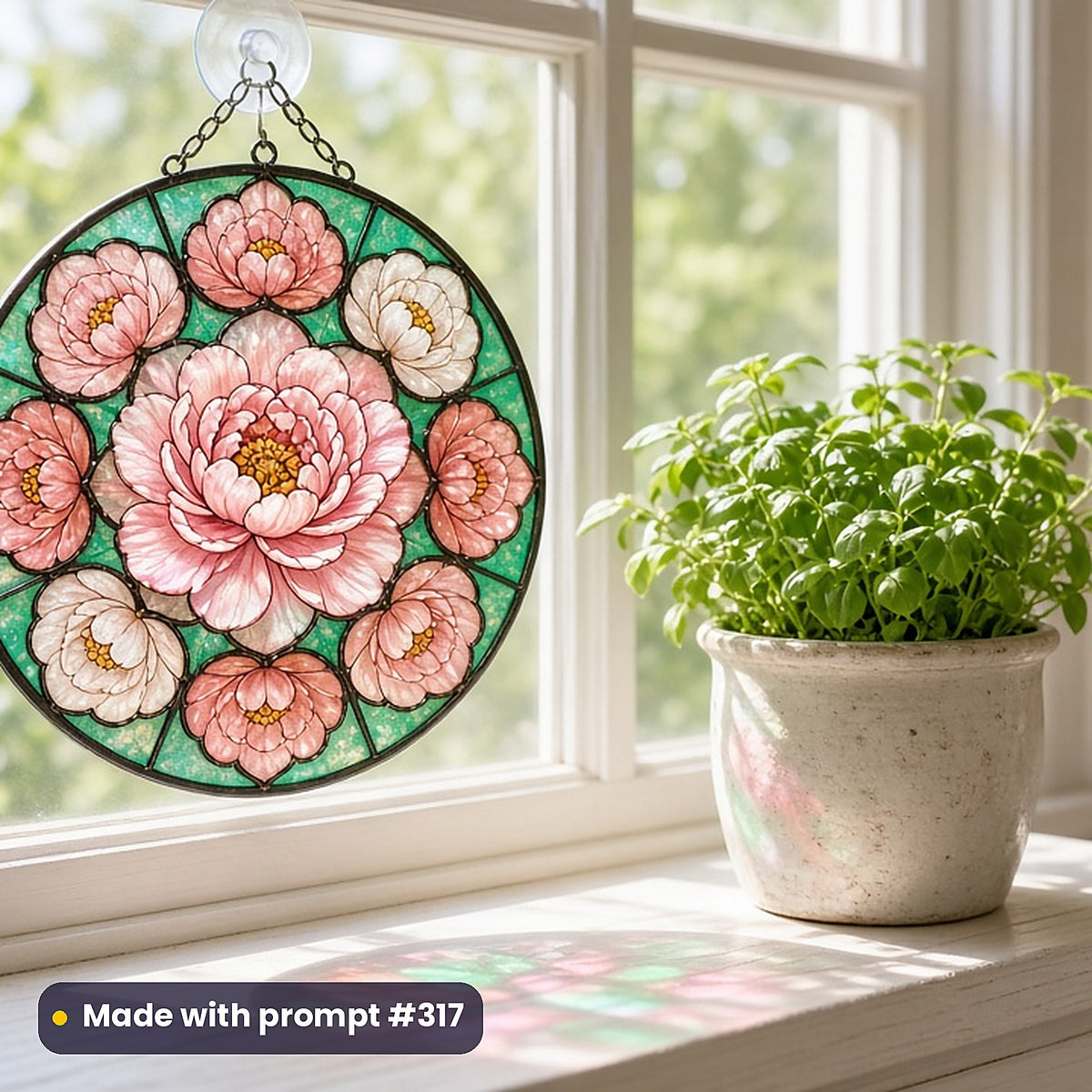 Botanical Flowers stained glass prompt collection: UV-printed acrylic suncatcher in a window mockup, made with prompt #317