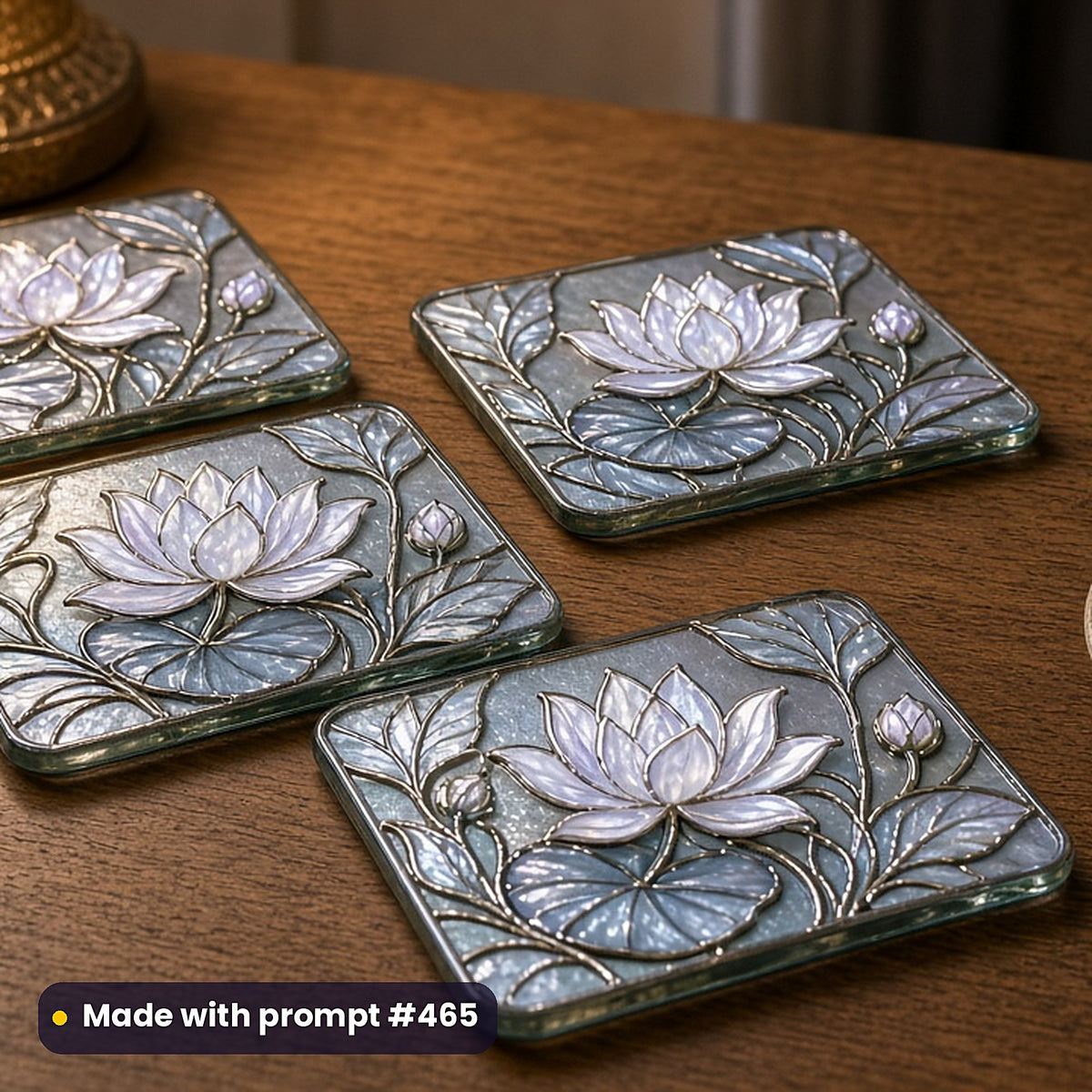 Botanical Flowers stained glass prompt collection: set of UV-printed glass coasters mockup, made with prompt #465