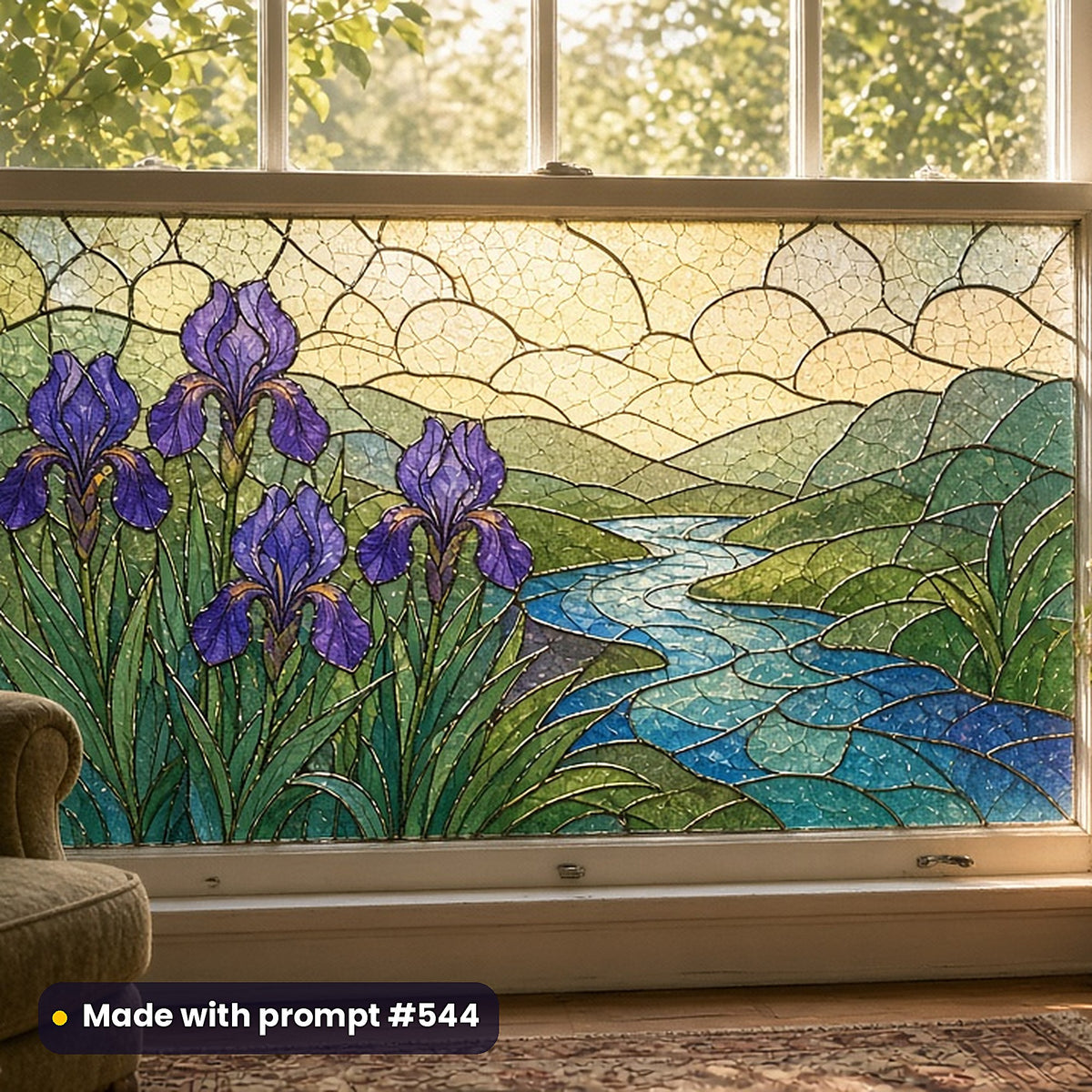 Botanical Flowers stained glass prompt collection: faux stained glass window panel mockup, made with prompt #544