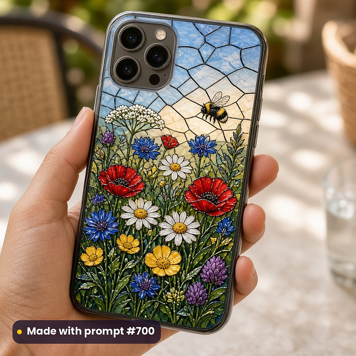 Botanical Flowers stained glass prompt collection: UV-printed phone case mockup, made with prompt #700