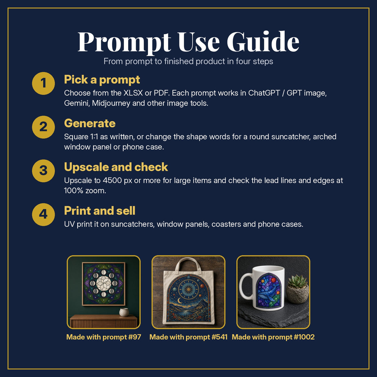 Prompt Use Guide for the Celestial and Cosmic Stained Glass Collection: pick a prompt, generate, upscale and check, print and sell, with sample products made with the pack's prompts