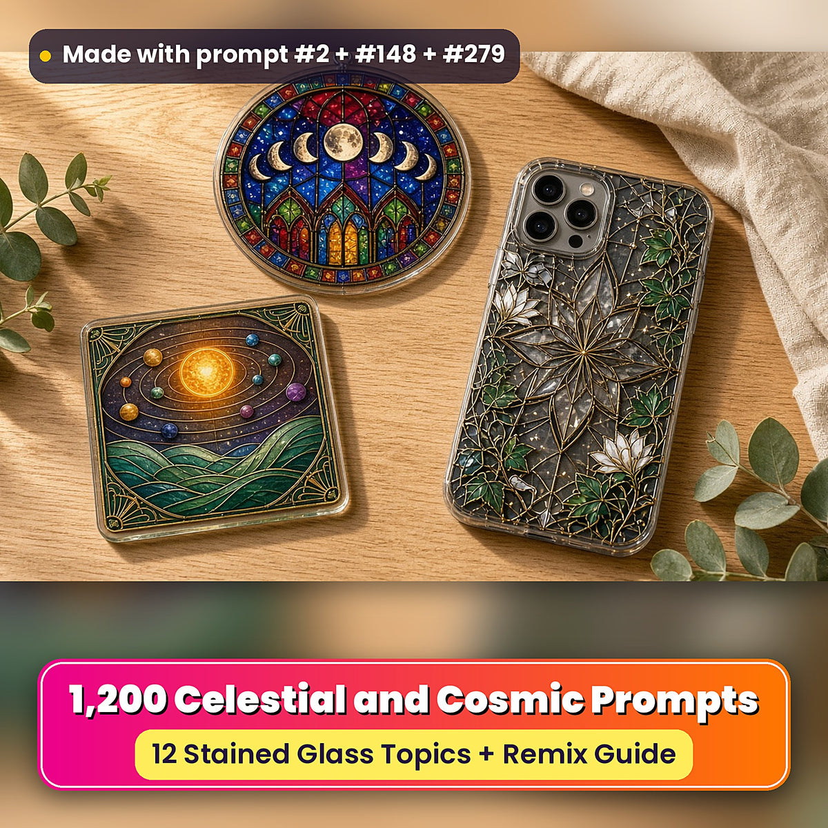 Celestial and Cosmic stained glass prompt collection: UV-printed suncatcher, coaster and phone case set mockup, made with prompt #2 + #148 + #279