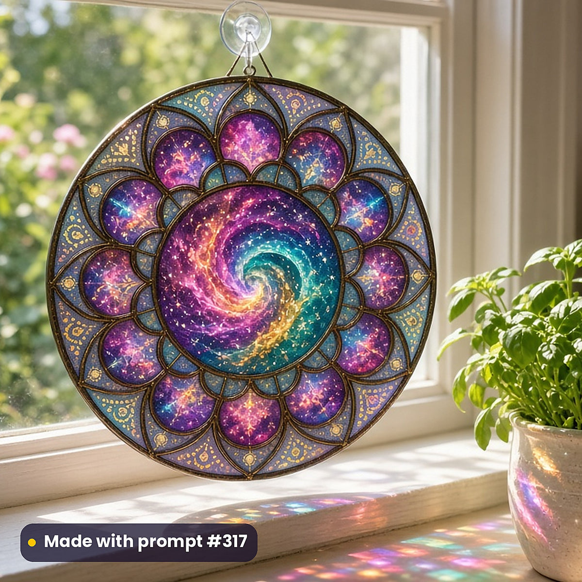Celestial and Cosmic stained glass prompt collection: UV-printed acrylic suncatcher in a window mockup, made with prompt #317