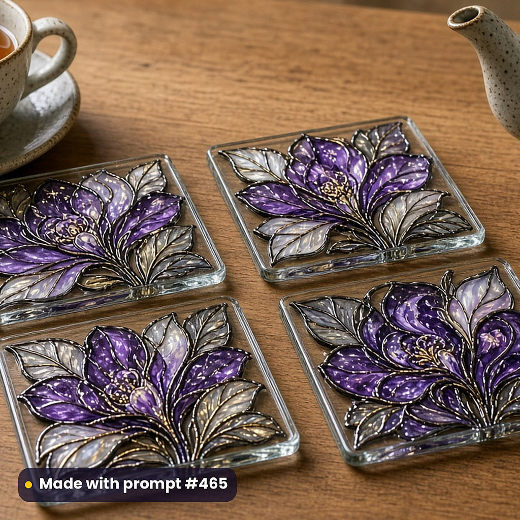 Celestial and Cosmic stained glass prompt collection: set of UV-printed glass coasters mockup, made with prompt #465