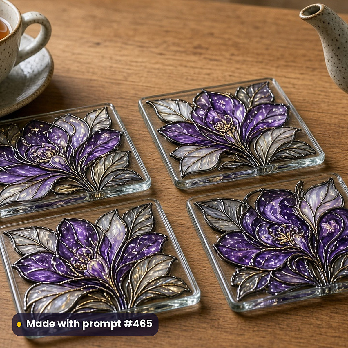 Celestial and Cosmic stained glass prompt collection: set of UV-printed glass coasters mockup, made with prompt #465