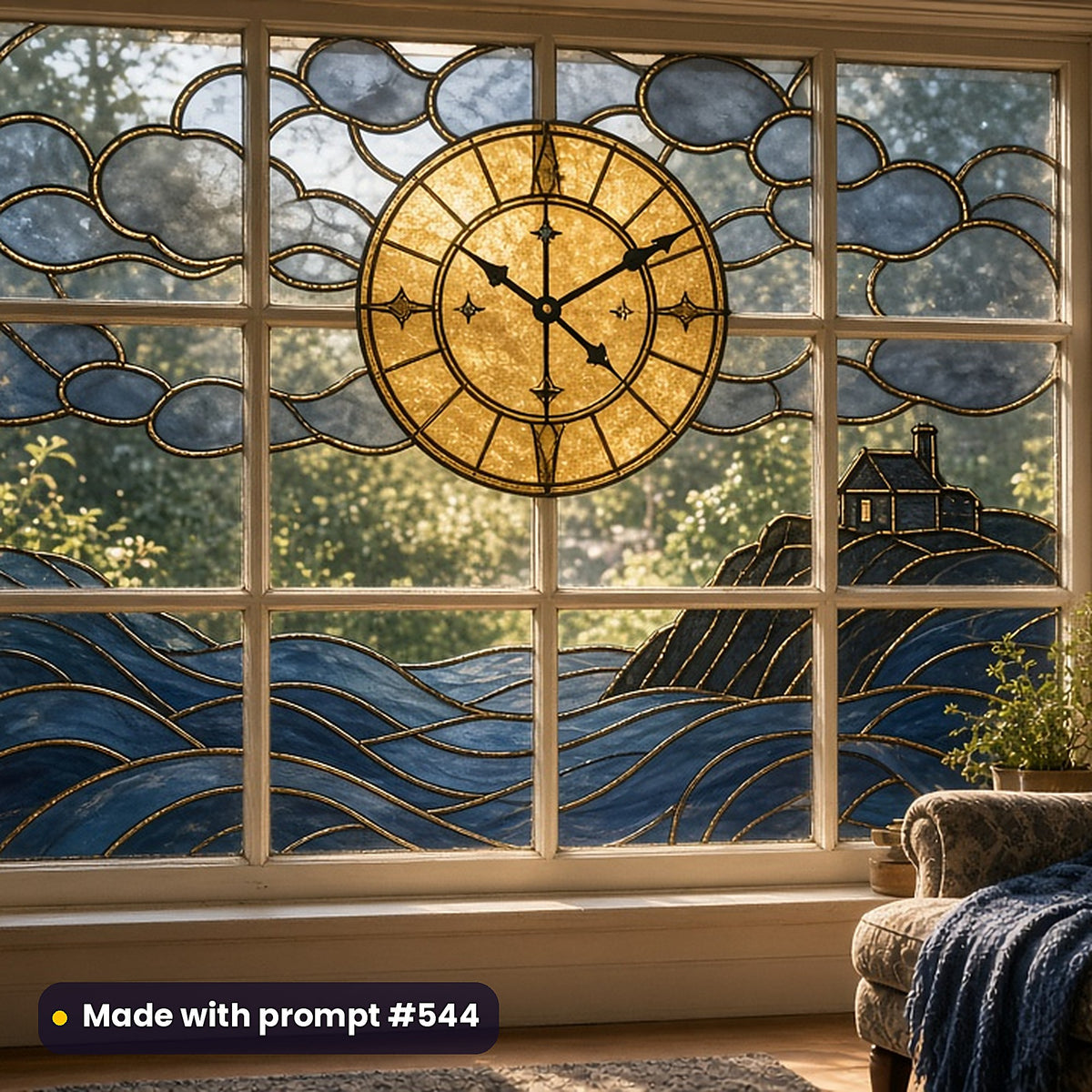 Celestial and Cosmic stained glass prompt collection: faux stained glass window panel mockup, made with prompt #544