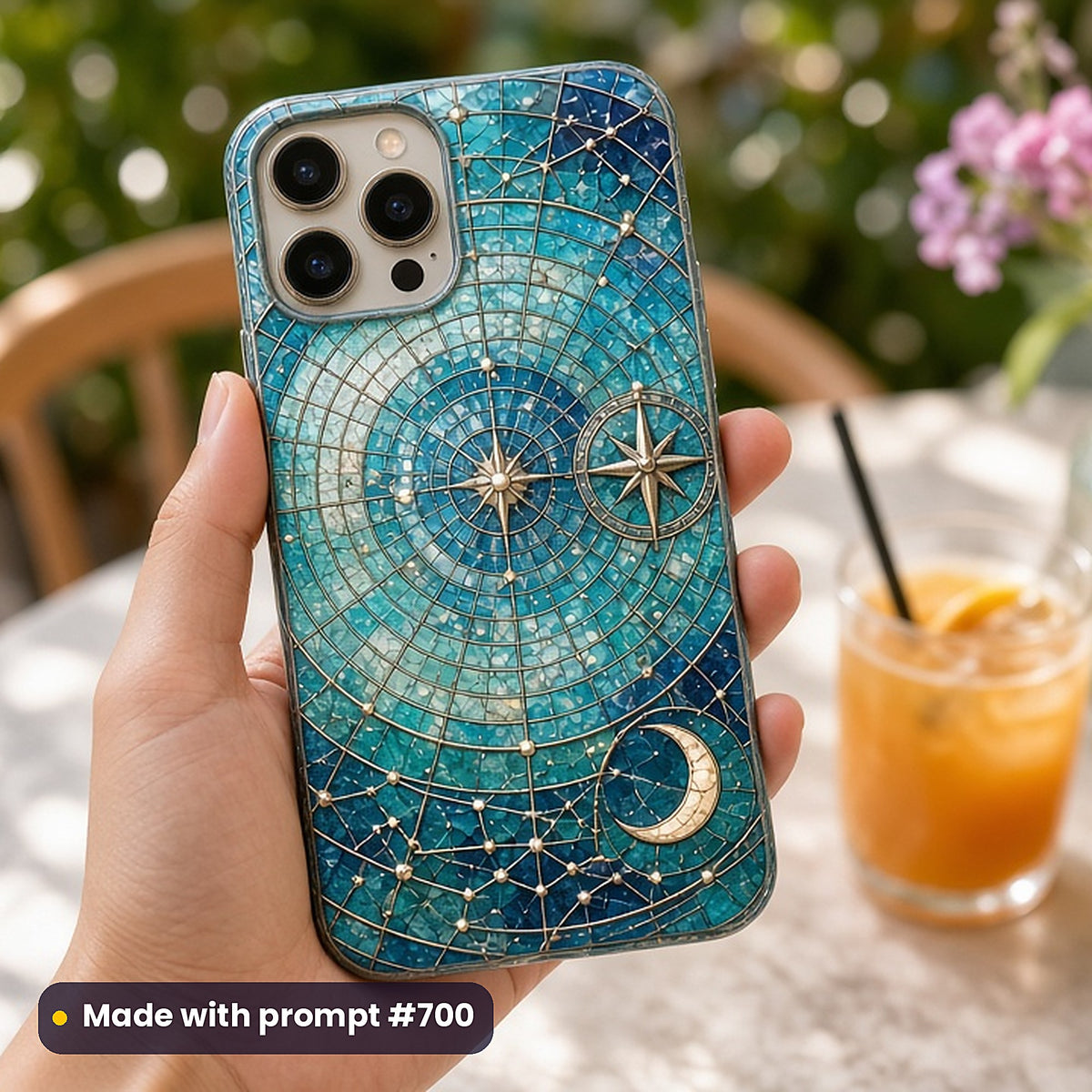 Celestial and Cosmic stained glass prompt collection: UV-printed phone case mockup, made with prompt #700