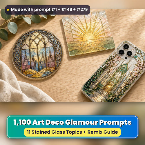 Art Deco Glamour stained glass prompt collection: UV-printed suncatcher, coaster and phone case set mockup, made with prompt #1 + #148 + #279