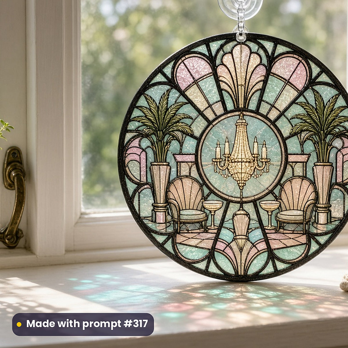 Art Deco Glamour stained glass prompt collection: UV-printed acrylic suncatcher in a window mockup, made with prompt #317