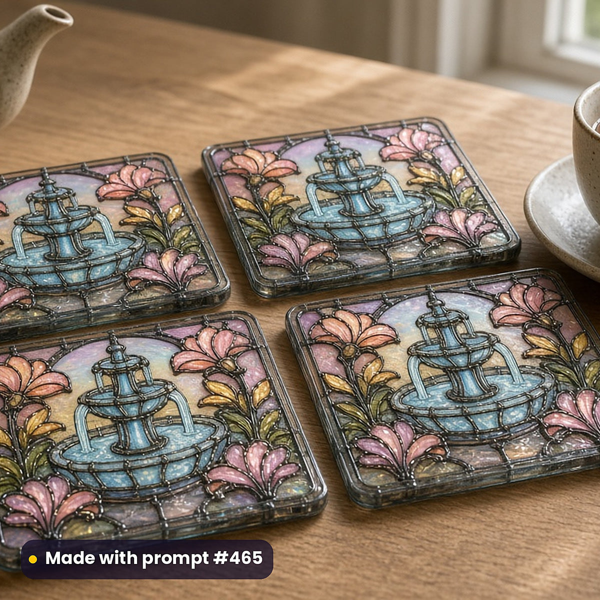 Art Deco Glamour stained glass prompt collection: set of UV-printed glass coasters mockup, made with prompt #465