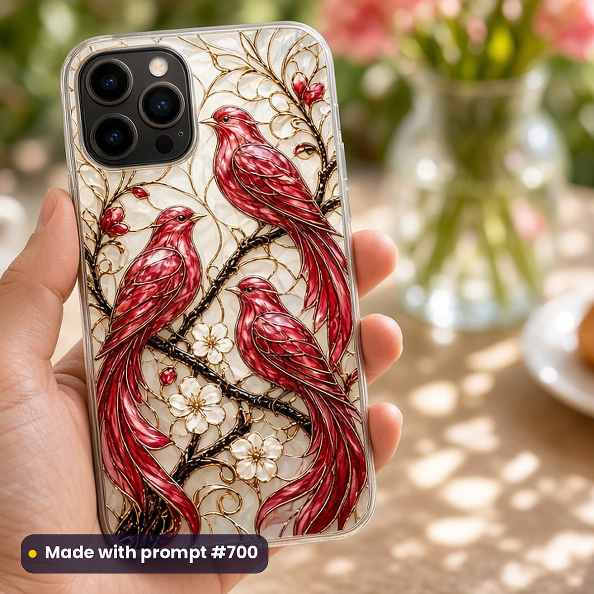 Art Deco Glamour stained glass prompt collection: UV-printed phone case mockup, made with prompt #700
