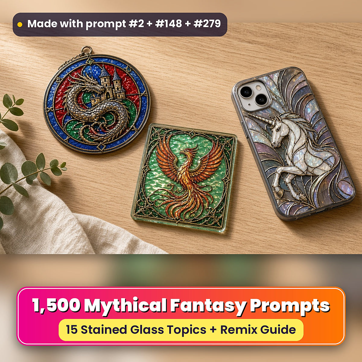 Mythical Fantasy stained glass prompt collection: UV-printed suncatcher, coaster and phone case set mockup, made with prompt #2 + #148 + #279