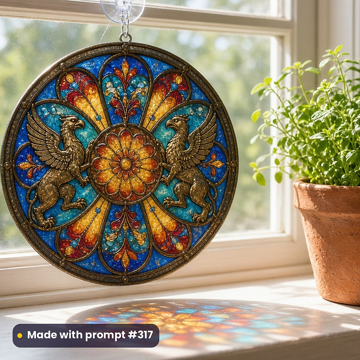 Mythical Fantasy stained glass prompt collection: UV-printed acrylic suncatcher in a window mockup, made with prompt #317