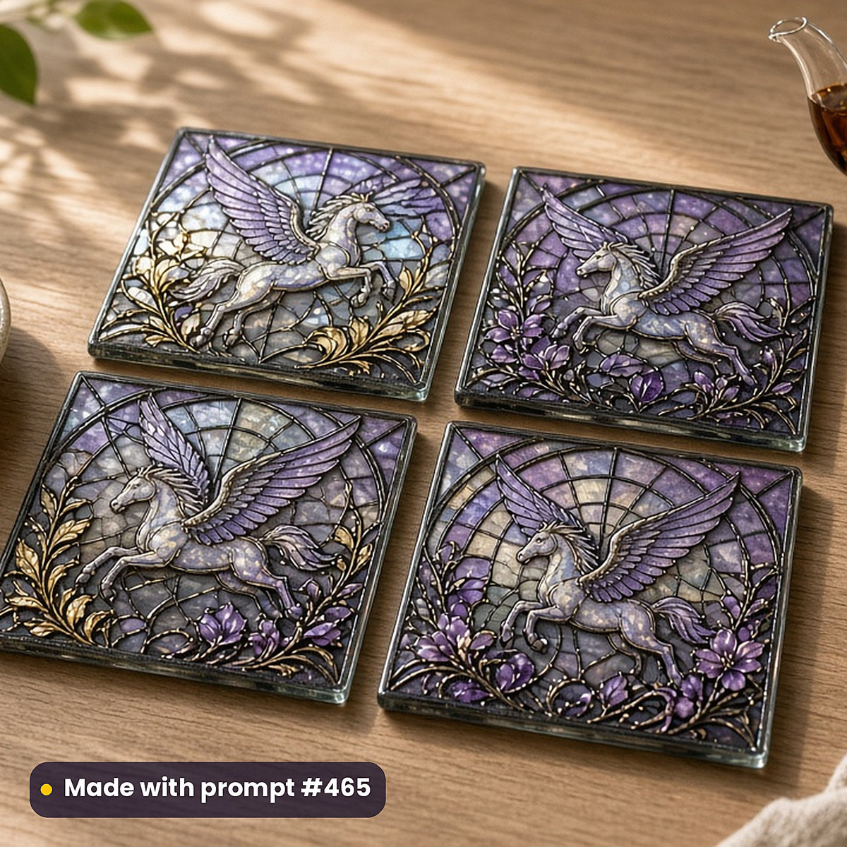 Mythical Fantasy stained glass prompt collection: set of UV-printed glass coasters mockup, made with prompt #465