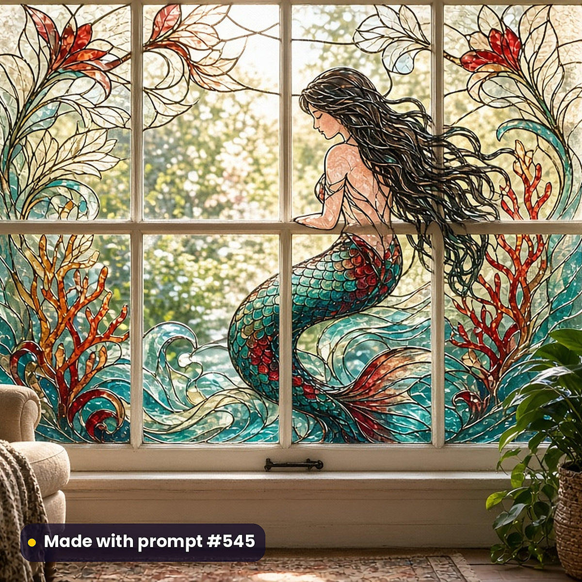 Mythical Fantasy stained glass prompt collection: faux stained glass window panel mockup, made with prompt #545