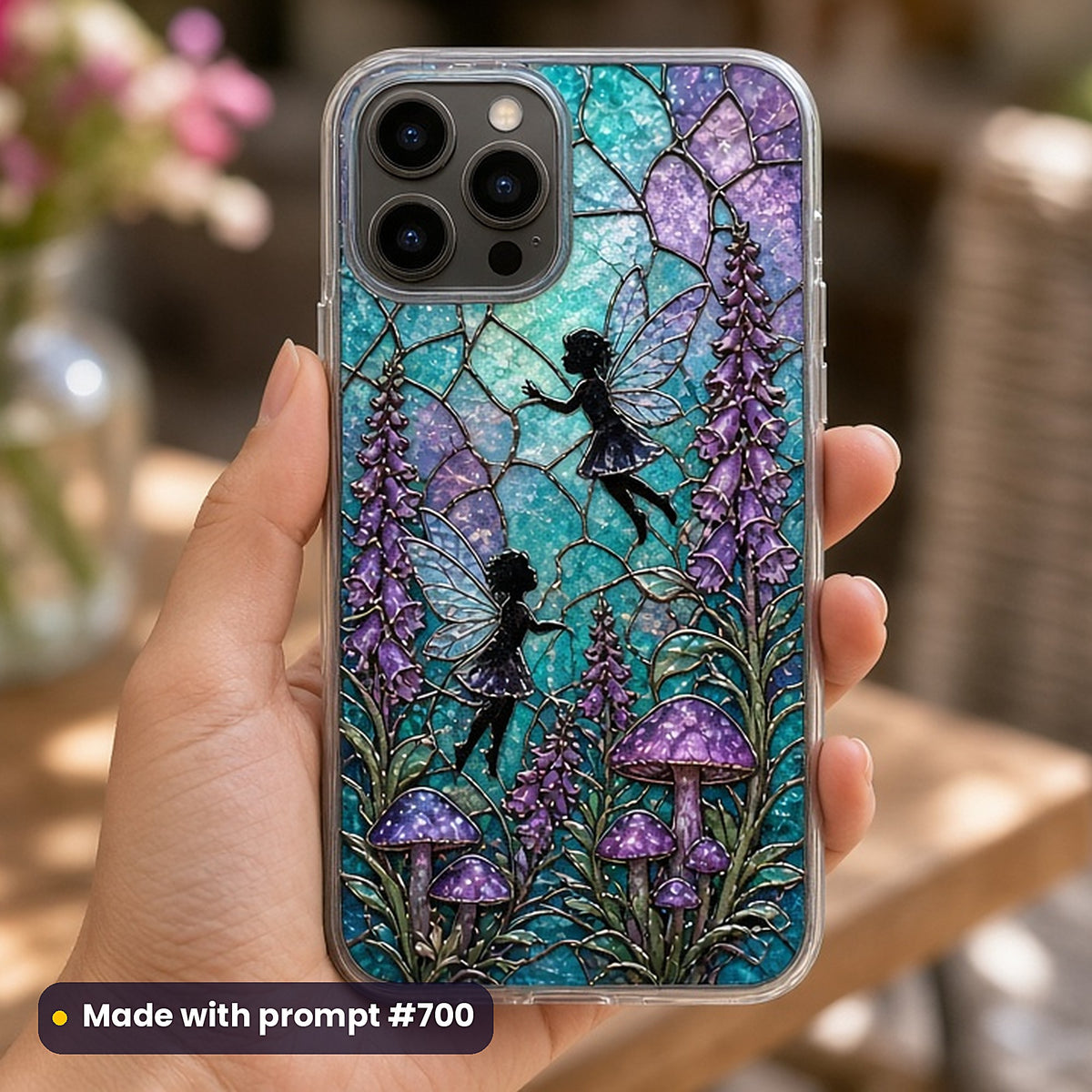 Mythical Fantasy stained glass prompt collection: UV-printed phone case mockup, made with prompt #700