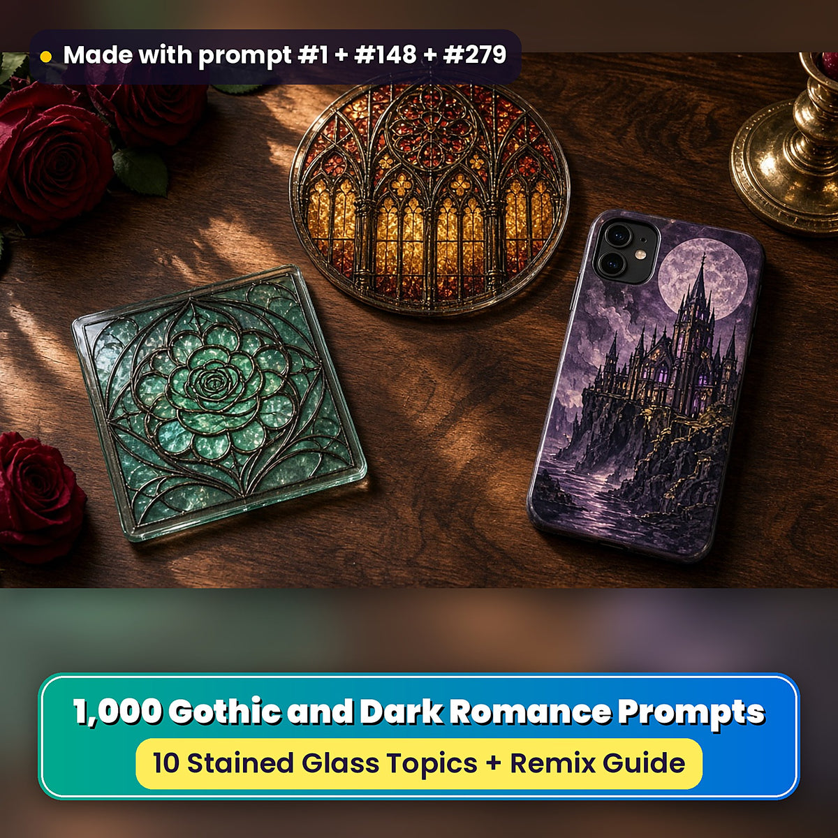 Gothic and Dark Romance stained glass prompt collection: UV-printed suncatcher, coaster and phone case set mockup, made with prompt #1 + #148 + #279