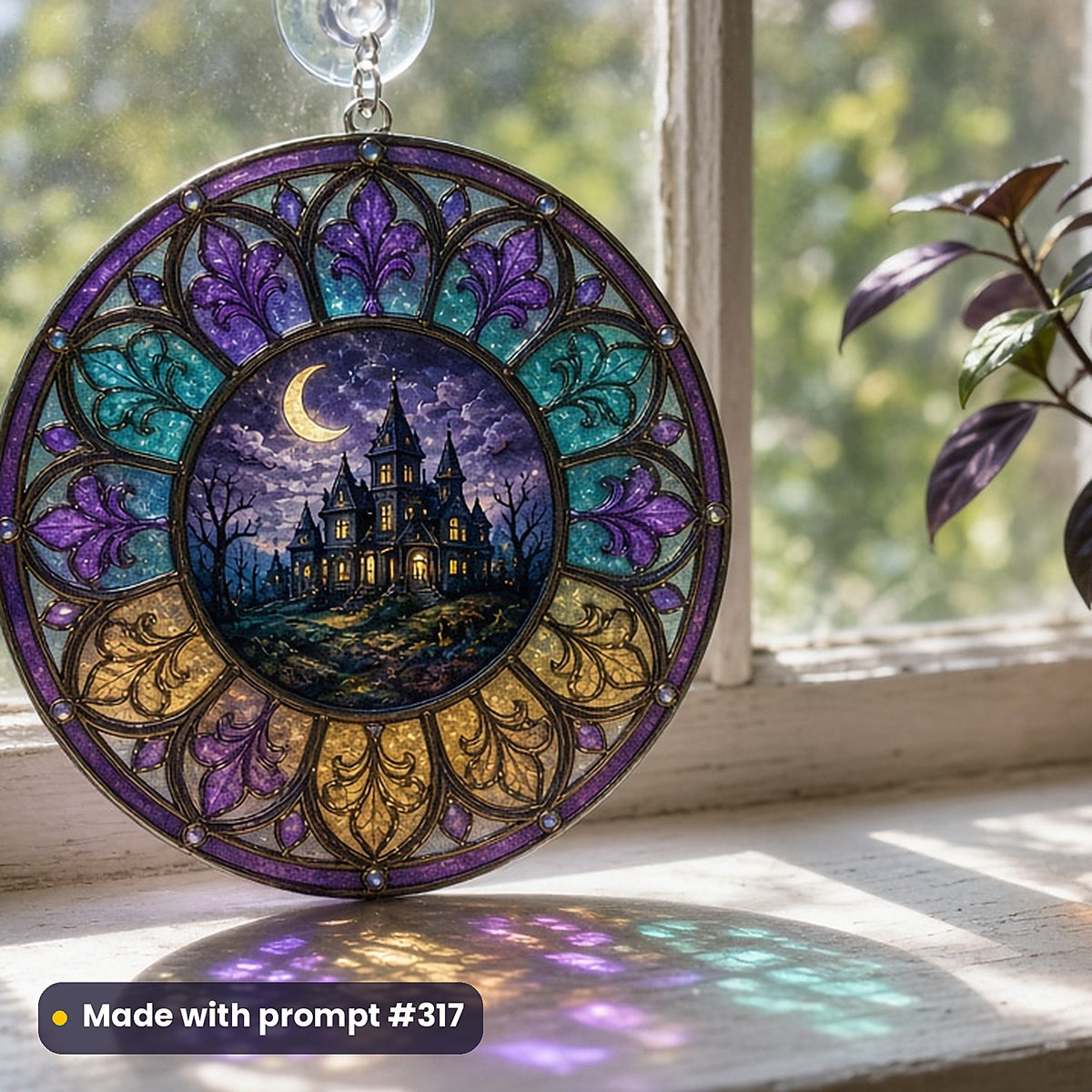 Gothic and Dark Romance stained glass prompt collection: UV-printed acrylic suncatcher in a window mockup, made with prompt #317