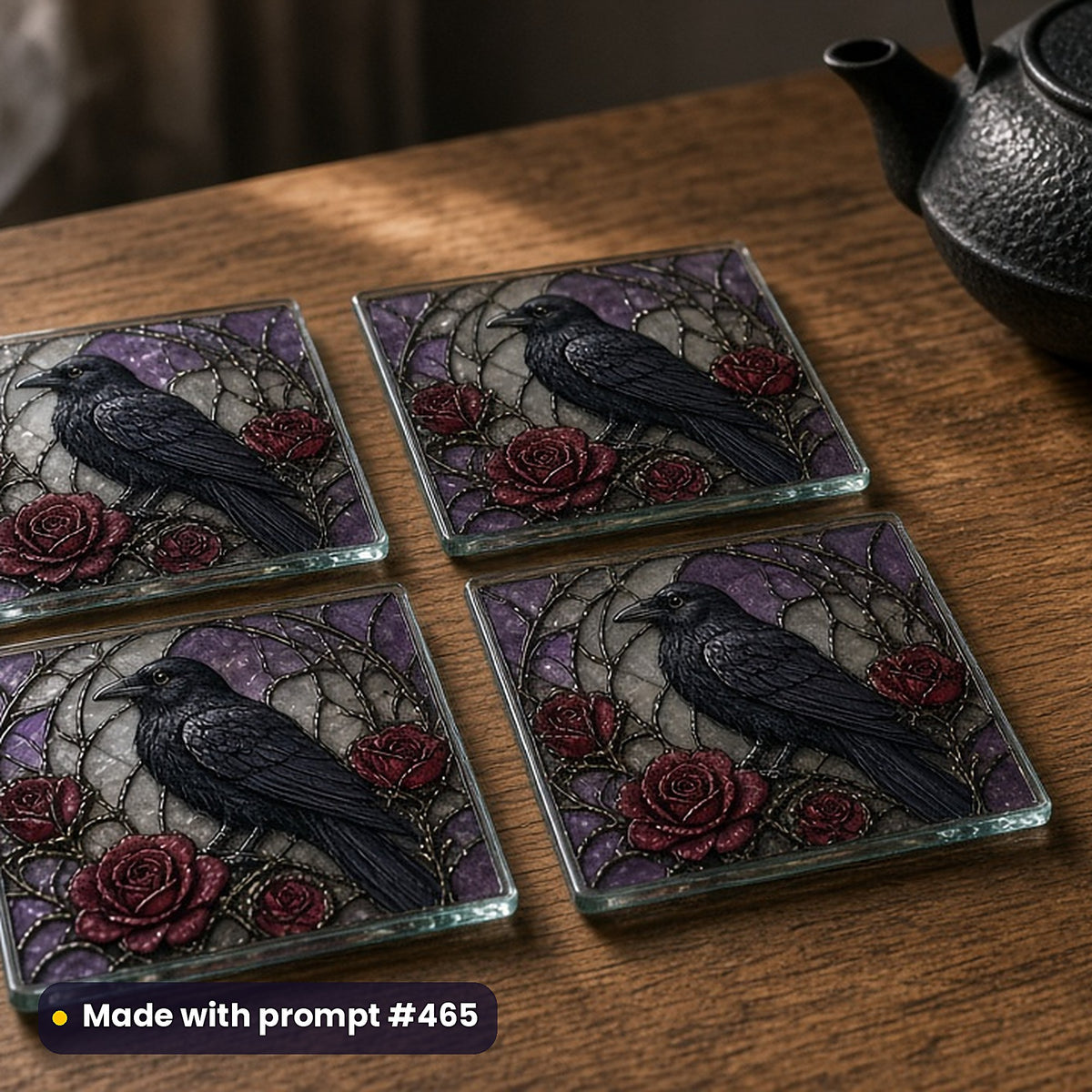 Gothic and Dark Romance stained glass prompt collection: set of UV-printed glass coasters mockup, made with prompt #465
