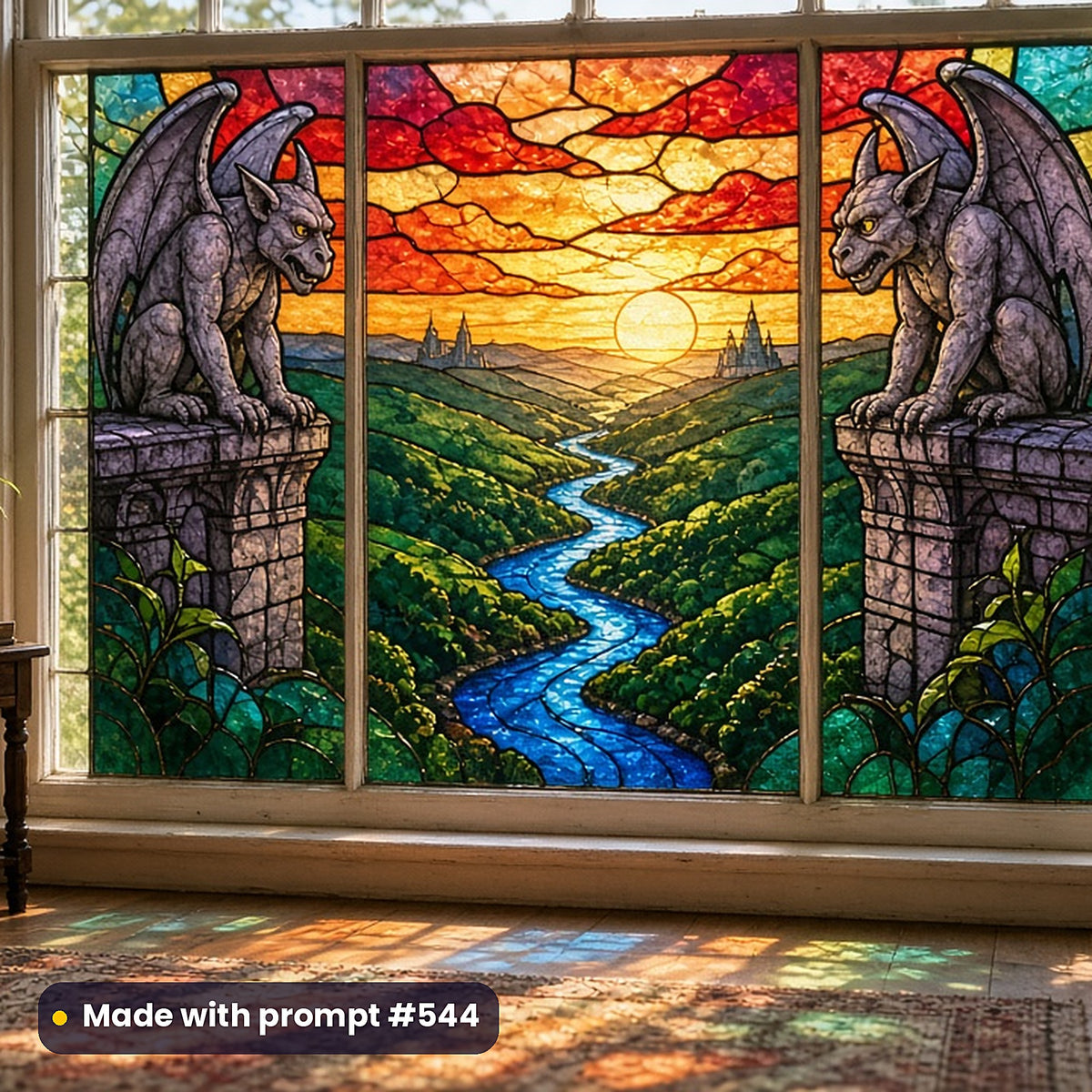 Gothic and Dark Romance stained glass prompt collection: faux stained glass window panel mockup, made with prompt #544
