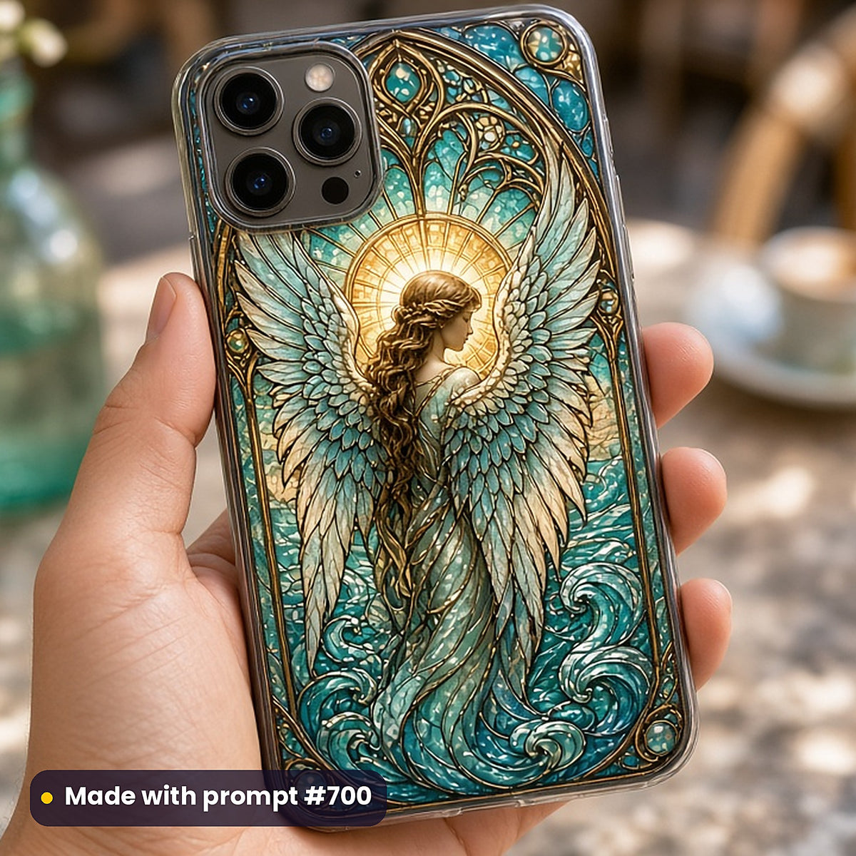 Gothic and Dark Romance stained glass prompt collection: UV-printed phone case mockup, made with prompt #700