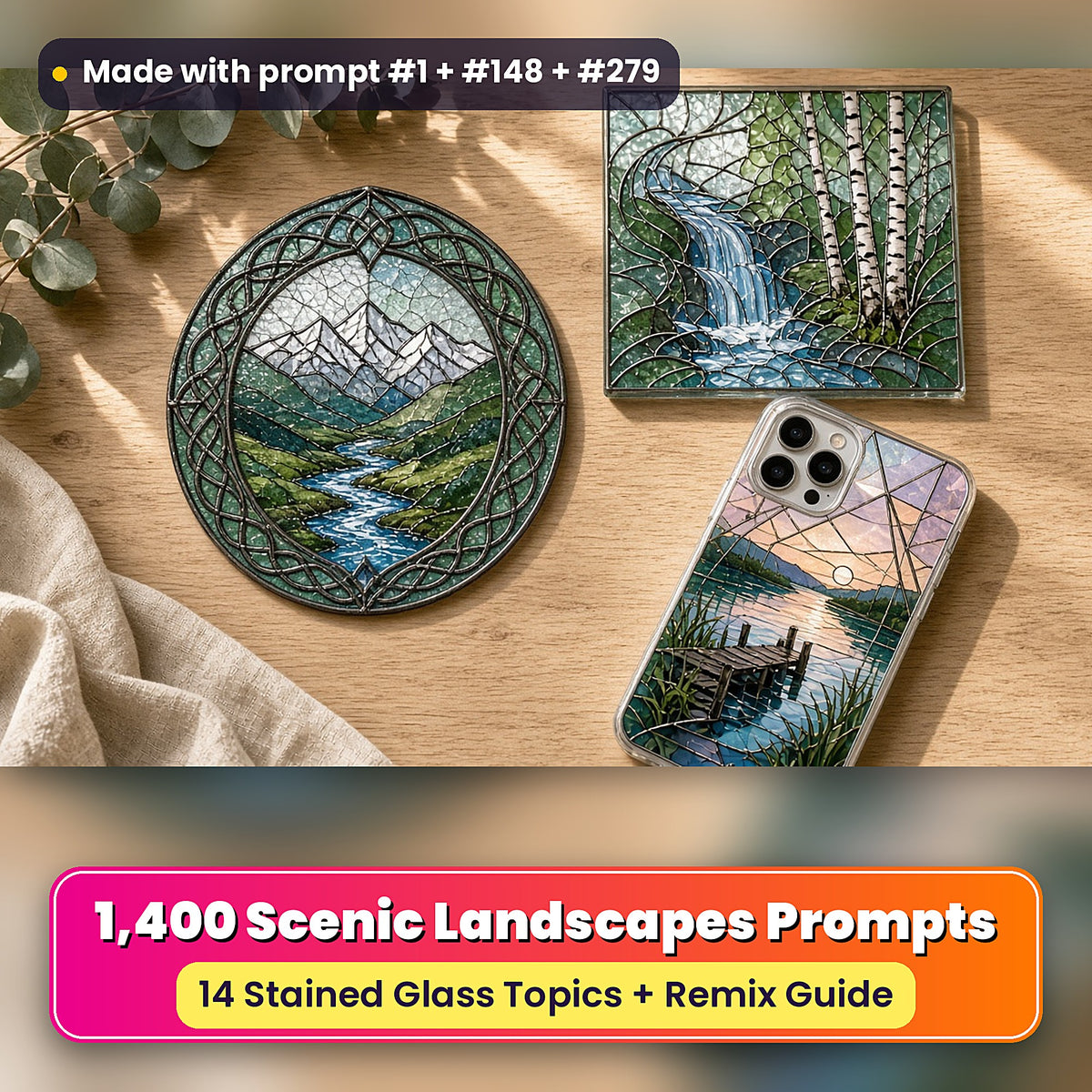 Scenic Landscapes stained glass prompt collection: UV-printed suncatcher, coaster and phone case set mockup, made with prompt #1 + #148 + #279