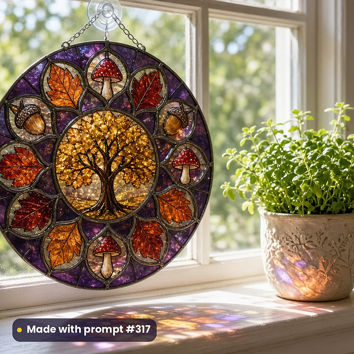 Scenic Landscapes stained glass prompt collection: UV-printed acrylic suncatcher in a window mockup, made with prompt #317
