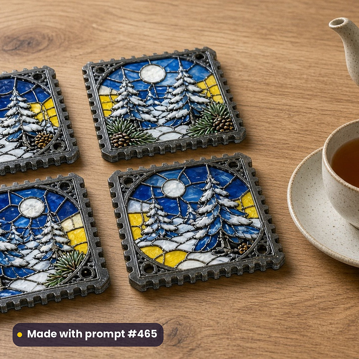 Scenic Landscapes stained glass prompt collection: set of UV-printed glass coasters mockup, made with prompt #465