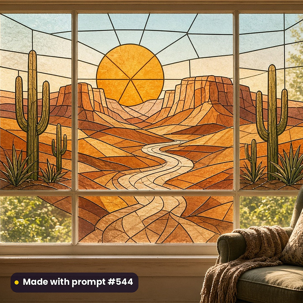Scenic Landscapes stained glass prompt collection: faux stained glass window panel mockup, made with prompt #544