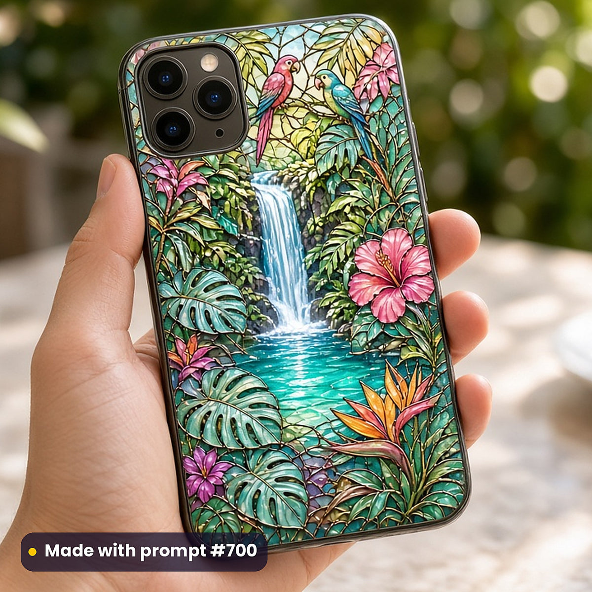 Scenic Landscapes stained glass prompt collection: UV-printed phone case mockup, made with prompt #700