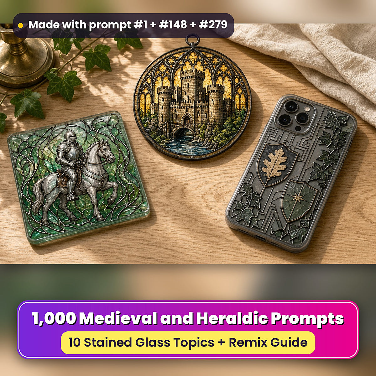 Medieval and Heraldic stained glass prompt collection: UV-printed suncatcher, coaster and phone case set mockup, made with prompt #1 + #148 + #279